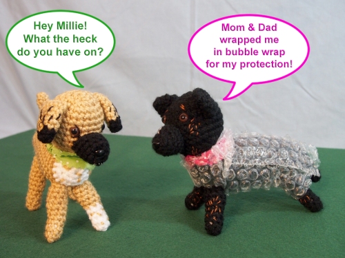 Mini Millie in bubble wrap with Mini Walter - With thought bubbles